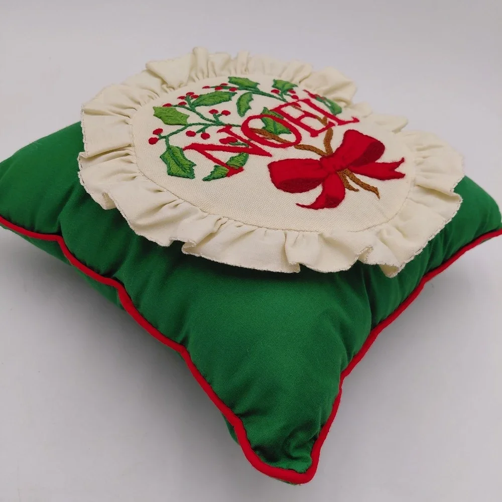 Cross Stitched Christmas Throw Pillow Noel Holly 9.5